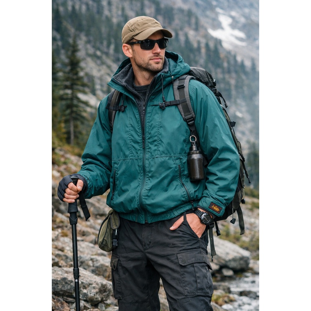 Vintage REI Windbreaker Jacket‎ Mens S Green Hooded Packable Hiking Gorpcore